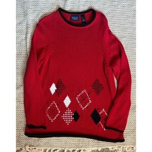 Womens Large Oversized Red Argyle Diamond Knit Sweater Holiday Winter Preppy